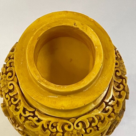 VINTAGE YELLOW Hand Carved Chinese Lidded Jar - Picture 7 of 13